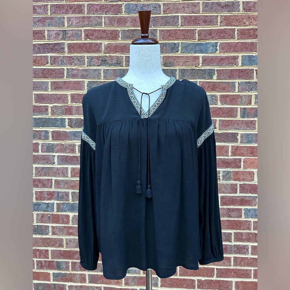 MADEWELL Women's Black w/White Trim Blouson Sleeve Top - Peasant Blouse - Sz XXS
